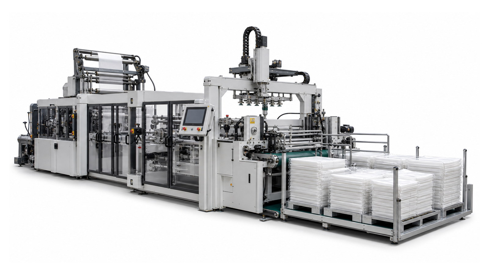 Film feeding and tension control section on a bag production machine