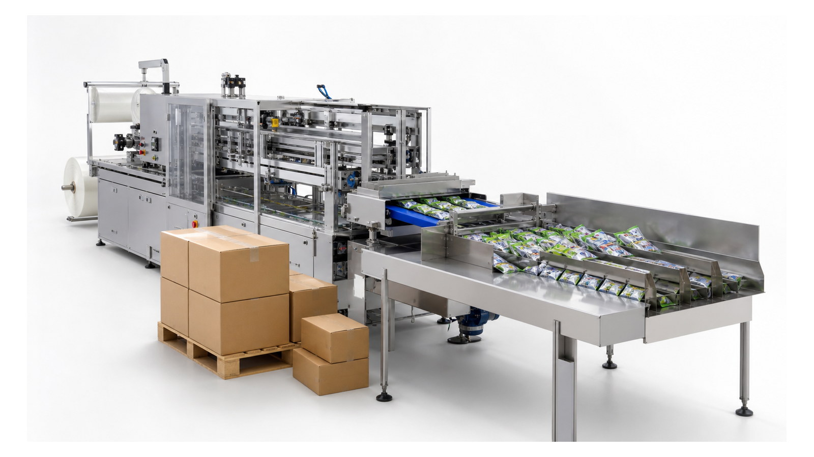 Flexible packaging bag machine with unwind and converting sections