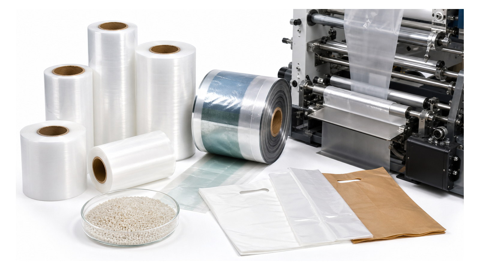 Plastic film feeding through an automatic bag machine