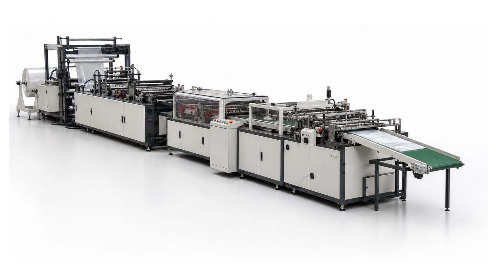 Complete plastic bag making line with a normal-size output sample on the conveyor