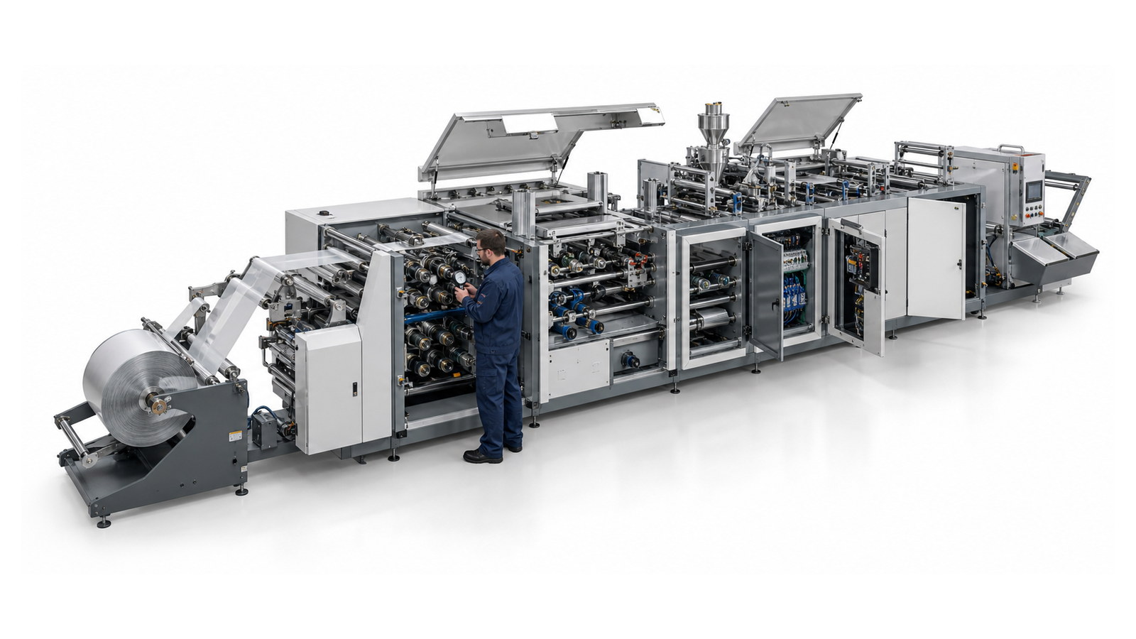 Engineer inspecting tension, drive, sealing, and cutting sections on a complete pouch line