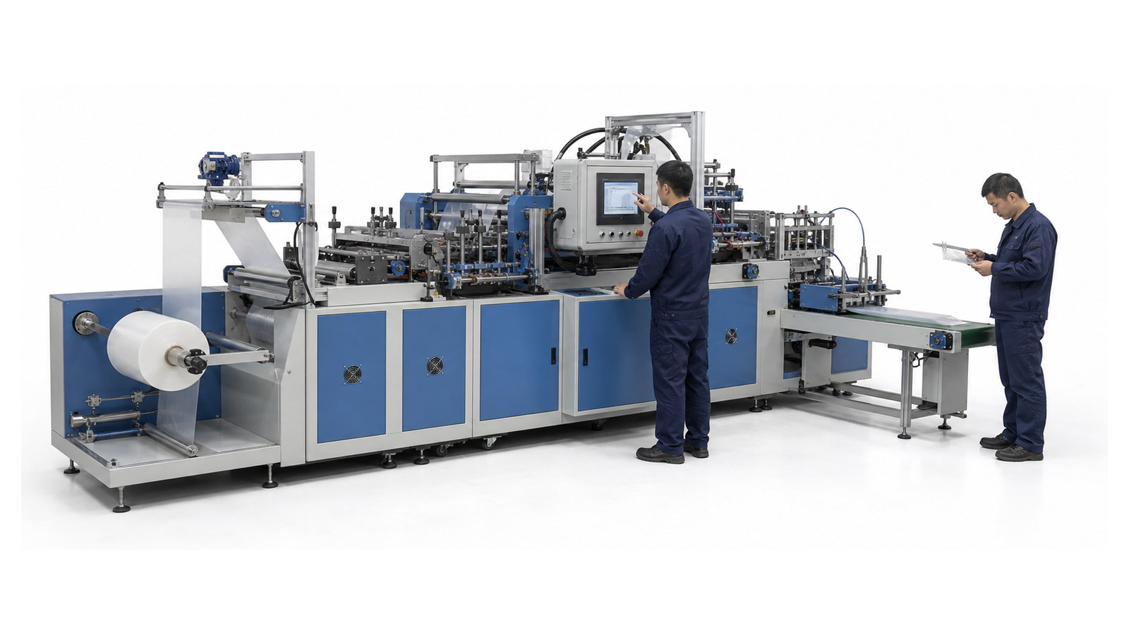 Production staff setting machine parameters and checking a finished pouch