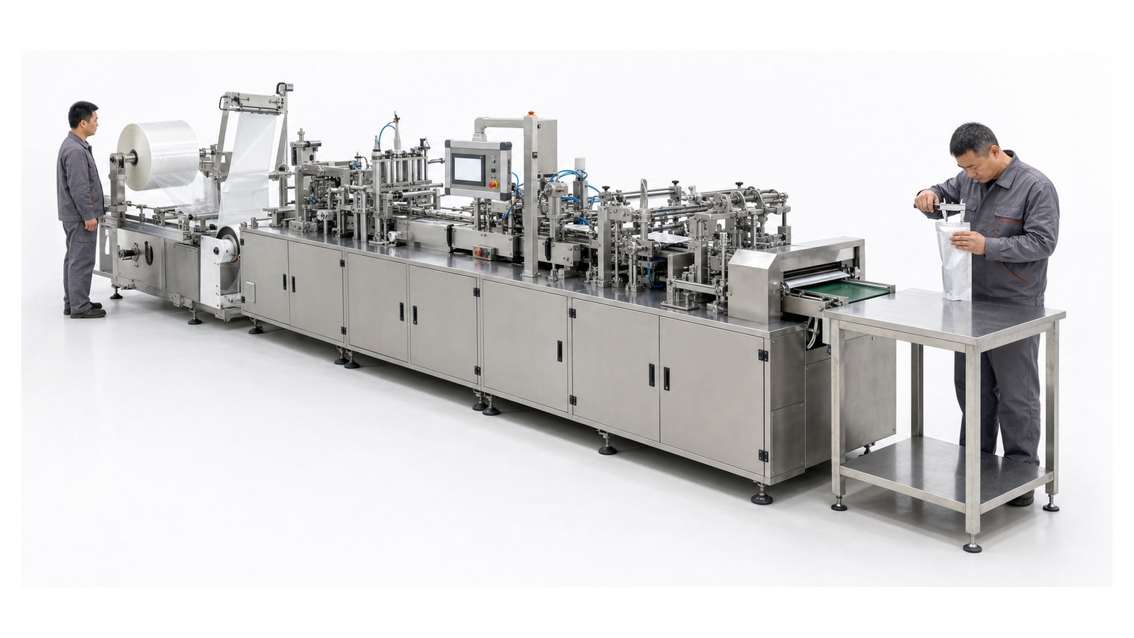 Technicians performing practical acceptance checks on a complete pouch making line