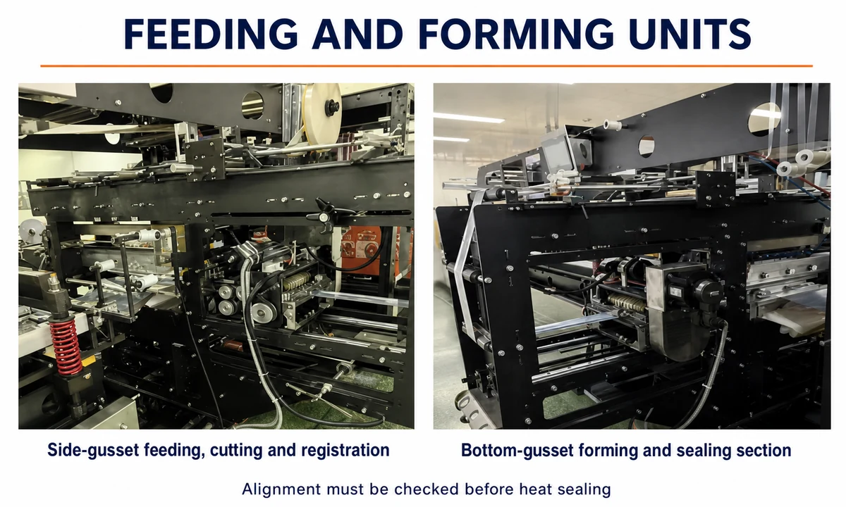 Feeding forming registration and sealing sections