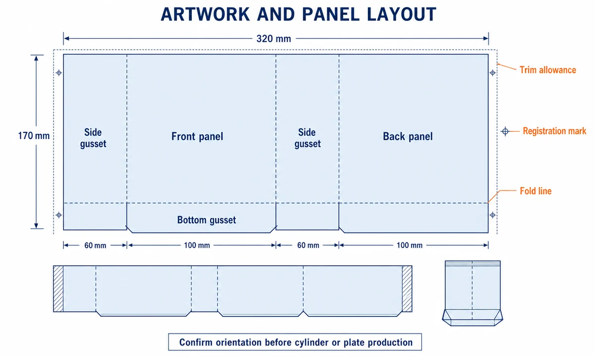 Eight-side-seal pouch artwork and panel layout diagram