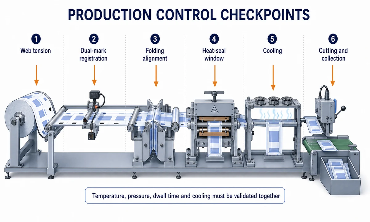 Production control checkpoints from film unwind to pouch collection