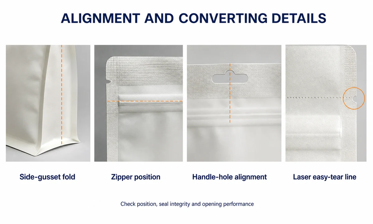 Pouch fold zipper handle hole and easy-tear alignment details