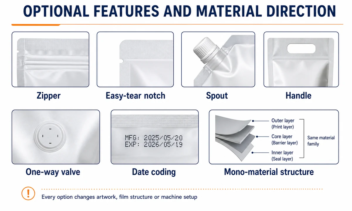 Optional pouch features and mono-material structure